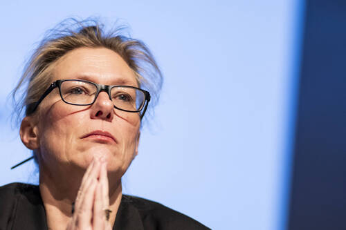 Beatrice Pilloud, Attorney General of the Canton of Valais, reacts during a press conference about the Le Constellation bar and lounge leaving people dead and injured, during New Year’s celebration, in Sion, Switzerland, Thursday, January 1, 2026. According to the police, several dozen people lost their lives in the fire that devastated the bar "Le Constellation" on New Year's Eve in the Swiss Alps resort of Crans-Montana. Around one hundred people were also reported injured. (KEYSTONE/Jean-Christophe Bott)
