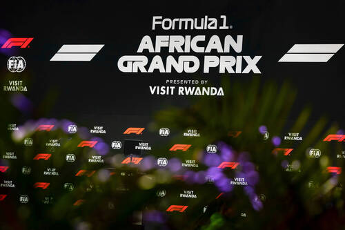 A banner is seen during an announcement by Formula 1 in Kigali, Rwanda Tuesday, Oct. 13, 2026. (AP Photo)