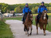 Deux policiers patrouillent à cheval près de la frontière à Troinex